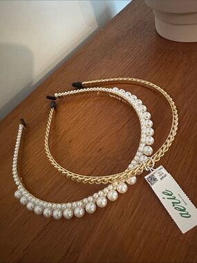 aerie Pearl & Gold Double Headband Set - White/Gold